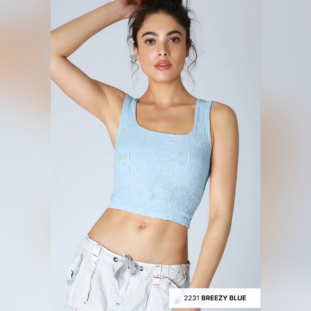 #1384 Nikibiki Double Layered Floral Textured Square Neck Crop Tank-Breezy Blue